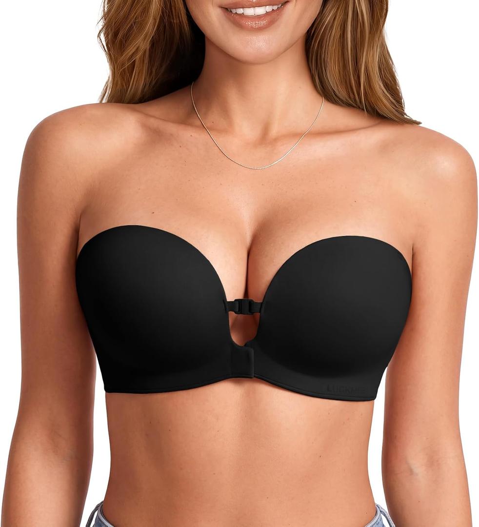 LUCKMEEY Women's Strapless Front Closure Push Up Bra, Non-Slip Removable Straps, Wireless Seamless, 38 A-C Cup Black X-Large