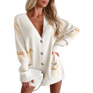 Saodimallsu Womens Oversized Cardigan Sweaters Bow Printed Button V Neck Long Sleeve Loose Knit Fall Trendy Coats (Beige)