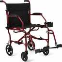 Medline Ultra Lightweight Transport Wheelchair for Adults, Foldable, 19-Inch Seat Width, Red Frame, Black Upholstery