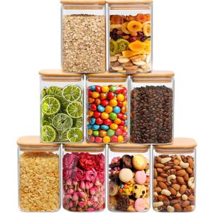 ComSaf 37oz Glass Storage Containers with Lids, Glass Jars with Lids, Clear Food Storage Jar, Square Glass Canister Set of 9, Pantry Organizers and Storage for Cookie Flour Oat Pasta Tea Coffee Bean