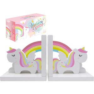 Decorably Unicorn Bookends for Girls - 1 Set Non-Skid Wooden Kids Book Ends for Shelves, Kids Bookends for Girls