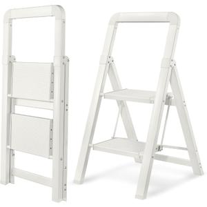 Step Ladder 2-Step White Finish Aluminum Folding Step Ladders,Anti-Slip Max 330 lbs