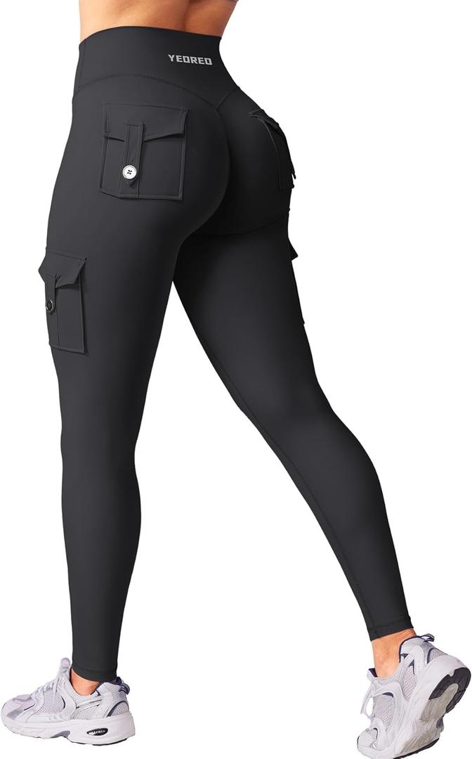 YEOREO CoreFlex Workout Cargo Leggings with Pockets for Women Hidden Scrunch Butt Lifting Leggings Gym Yoga Pants (Black, S)