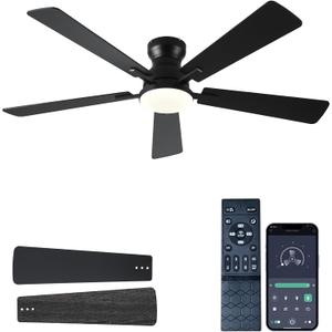 JSAITEE Ceiling Fans with Lights, 52Inch Low Profile Ceiling Fan with Light and Remote/App Control, Modern Flush Mount Black Ceiling Fan, 3CCT Dimmable, Reversible DC Motor, for Living Room,Bedroom