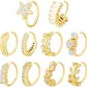 Sumalon Nose Rings Hoops for Women, 10 Pcs Stainless Steel Nose Piercings Paved Gems with Flower Leaves Design for Cartilage Earrings Septum Piercing Jewelry