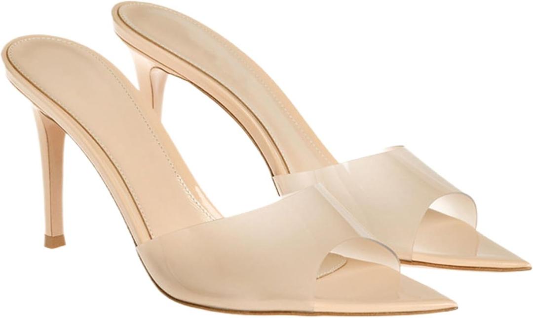 Women's Clear Pointed Toe Slingback Stilettos Heel Sandals Fashion Sexy Comfortable Summer Open Toe Backless Slip On Dress Slides Sandals for Casual Outdoor Party Work Wedding (Beige, 8)