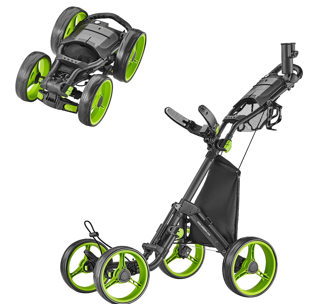 Caddytek Explorer V8 Golf Push Cart - SuperLite 4 Wheel Aluminum Foldable Cart with Adjustable Front Wheel Width, Foot Brake, Cooler Basket, Umbrella Holder, Drink Holder, Scorecard Console