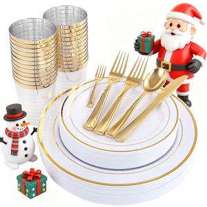 WDF 25Guest Gold Plastic Plates - Heavy Duty Christmas Plastic Plates Dinnerware - Include 25 Dinner Plate 25 Salad Plates 50 Forks 25 Knives 25 Spoons 25 Cups 25 Mini Forks for Christmas/Weddiing