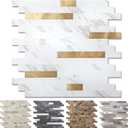 Yipscazo 10 Sheets Peel and Stick Stone Metal Tile Backsplash, Stick on Tiles for Backsplash Kitchen, Bathroom, Laundry Room, Camper, Fireplace (12'' X 12'', White Stone with Gold)