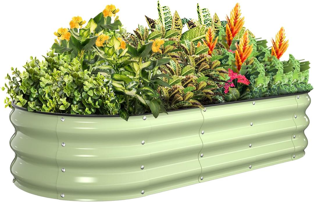 Kesfitt Raised Garden Bed, 5x2x1 FT Galvanized Steel Metal Raised Garden Bed, Oval Open-Bottom Design, 12-Inch Deep for Outdoor Vegetable & Herb Gardening, Fruit Green