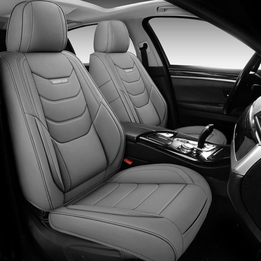 Car Seat Covers Full Set, Universal Automotive Front and Rear Seat Protector Fit for Cars 5 Seats, Waterproof Breathable Nappa Leather Seat Cushion for Most Vehicles SUV Pick-up Truck, Grey