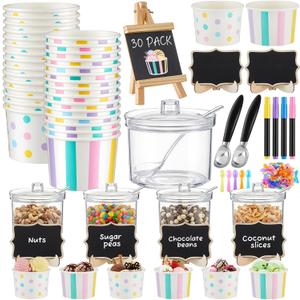 77 Pcs Ice Cream Party Supplies Kit – Ice Cream Bar Decorations Set with Cups, Scoops, Sugar Bowls with Lid and Spoon, Tasting Spoons, Chalkboard & Markers — Ideal for Birthday, Summer Party