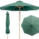9FT/10FT Wood Patio Umbrella, Large Outdoor Table Umbrella with 205G Olefin/180G Yarn-Dyed Fabric, Push-Pull Operation, 8-Rib Vented Canopy Ideal for Patio, Backyard & Garden