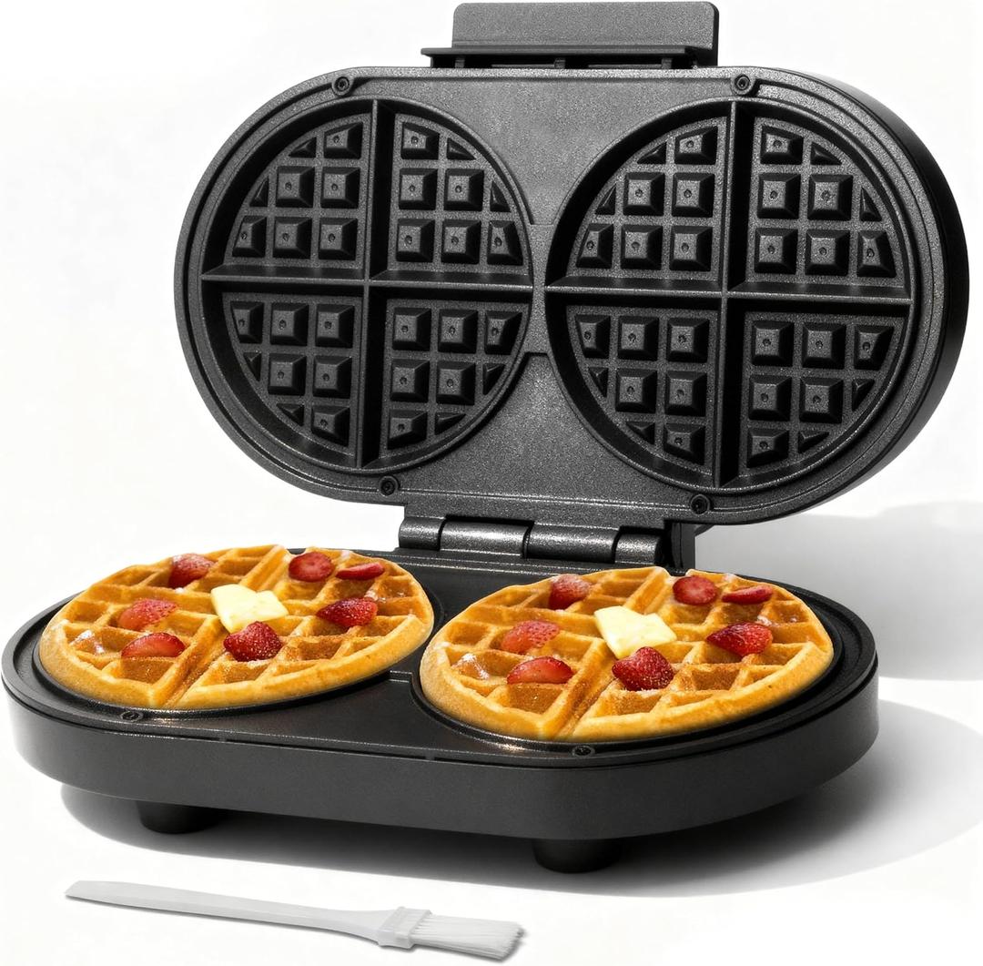 Bakers Friend Double Belgian Waffle Maker Thick, 2 X 6 Round Waffle Maker, Belgium Waffle Iron, Waflera Electrica with Non-stick Plates, 1200W, Perfect for Kids & Family Breakfast, Graphite