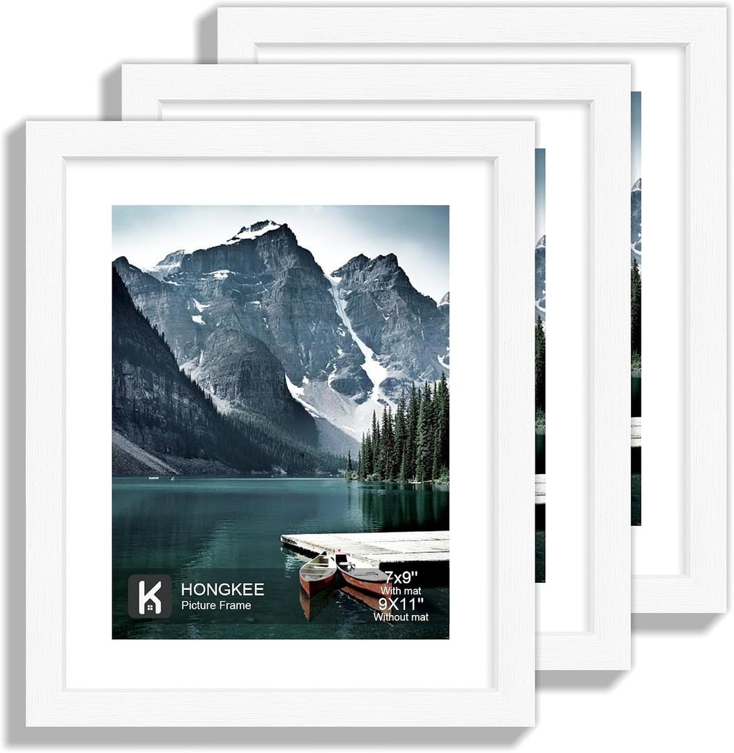 Hongkee 9x11 Picture Frame with Real Glass - Display Pictures 7x9 with Mat or 9x11 without Mat, Photo Frame for Wall or Table Top Display(White, 1 Pack)