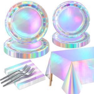 Iridescent Party Supplies for 20 Guests, Disposable Iridescent Tableware Set Includes Holographic Paper Plates, Napkins, Forks, Tablecloth for Birthday Mermaid Themed Party Decorations Wedding