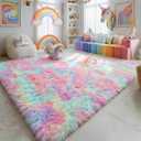 Amdrebio Rainbow Unicorn Colorful Kids Rugs for Girls Bedroom, 8x10 Fluffy Shag Area Rugs for Playroom Classroom, Large Pastel Room Decor Aesthetic, Cute Fuzzy Kawaii Princess Carpet for Baby Toddler