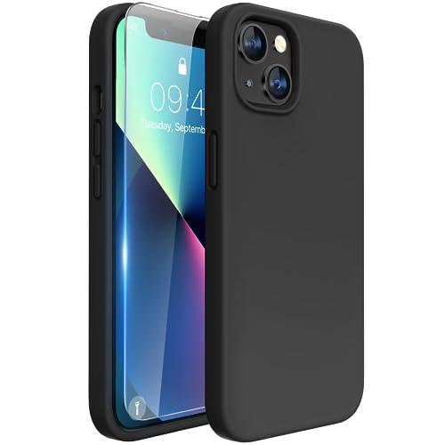 Miracase Designed for iPhone 13 Case, with Tempered Glass Screen Protector, [Soft Anti-Scratch Microfiber Lining], Shockproof Liquid Silicone Rubber Phone Cover Case for 13 6.1 inch, Black