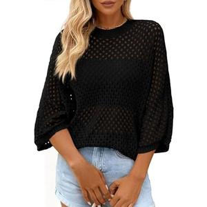 KIRUNDO Crochet Tops for Women Summer Batwing Sleeve Beach Sweater Lightweight Knit Cover Up Shirts Cruise Vacation Outfits, Medium