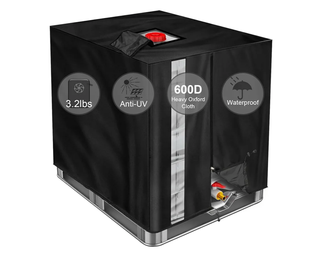 IBC Tote Cover, GDCCPRO 600D Heavy Duty Waterproof Cover for 1000L IBC Container Rain Water Tank Outdoor 275 Gallon Rain Barrel Foil Anti-Dust Cover Sun Protection Anti-UV (600D W/Window)