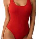 Limeeke Women One Piece Swimsuit Solid Ribbed Monokini Swimwear Scoop Neck Low Back Bathing Suit M