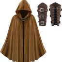 HyperFun Renaissance Hooded Cape Medieval Cloak with Leather Bracers Accessories for Wizard Witch Halloween Men Women (Brown)