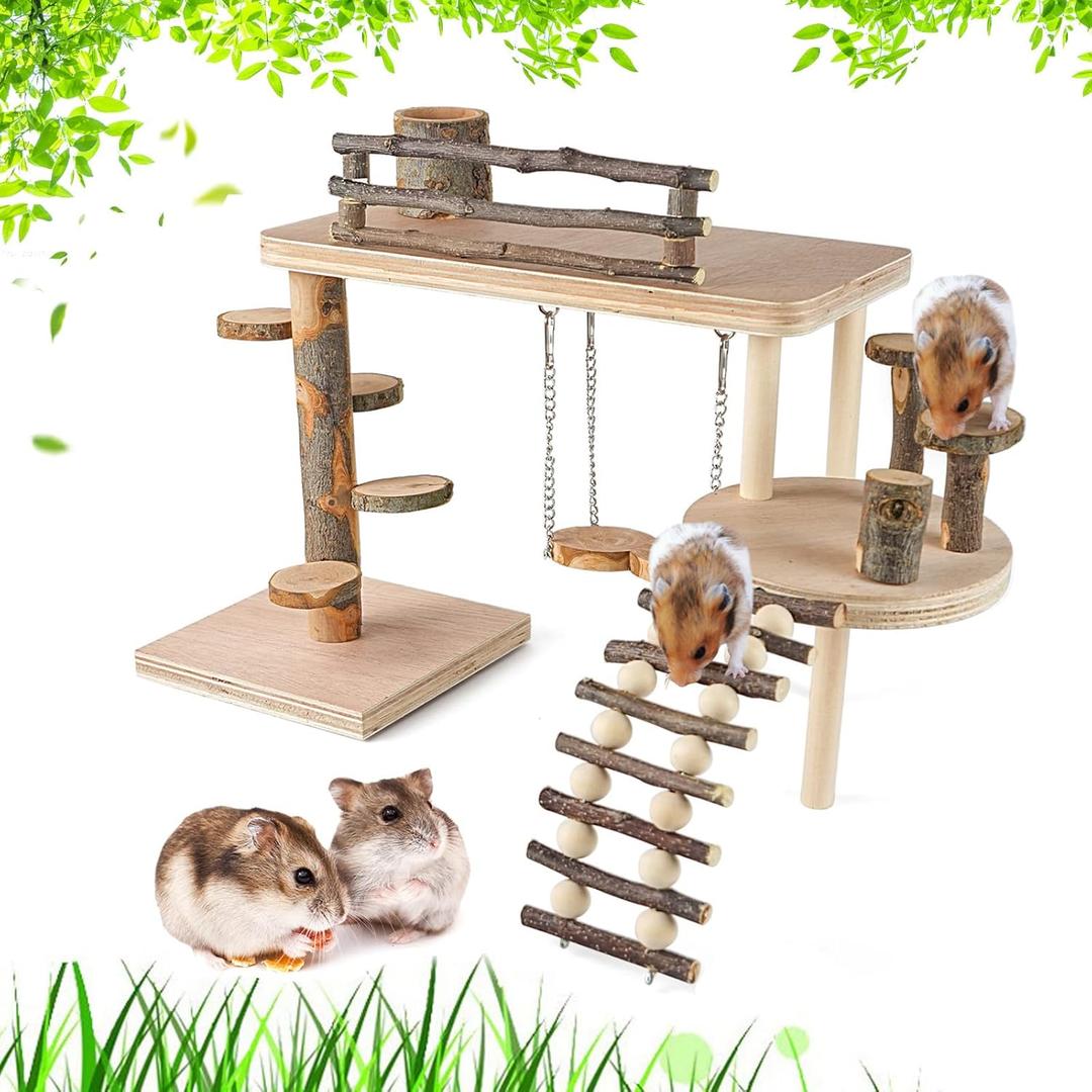 VolksRose Wooden Hamster Playground Platform, Hamster Climbing Toy, Natural Living Climb System, Small Animals Activity Set with Ladder Food Bowl Ramp Bridge for Mouse Gerbil Rat Chinchilla