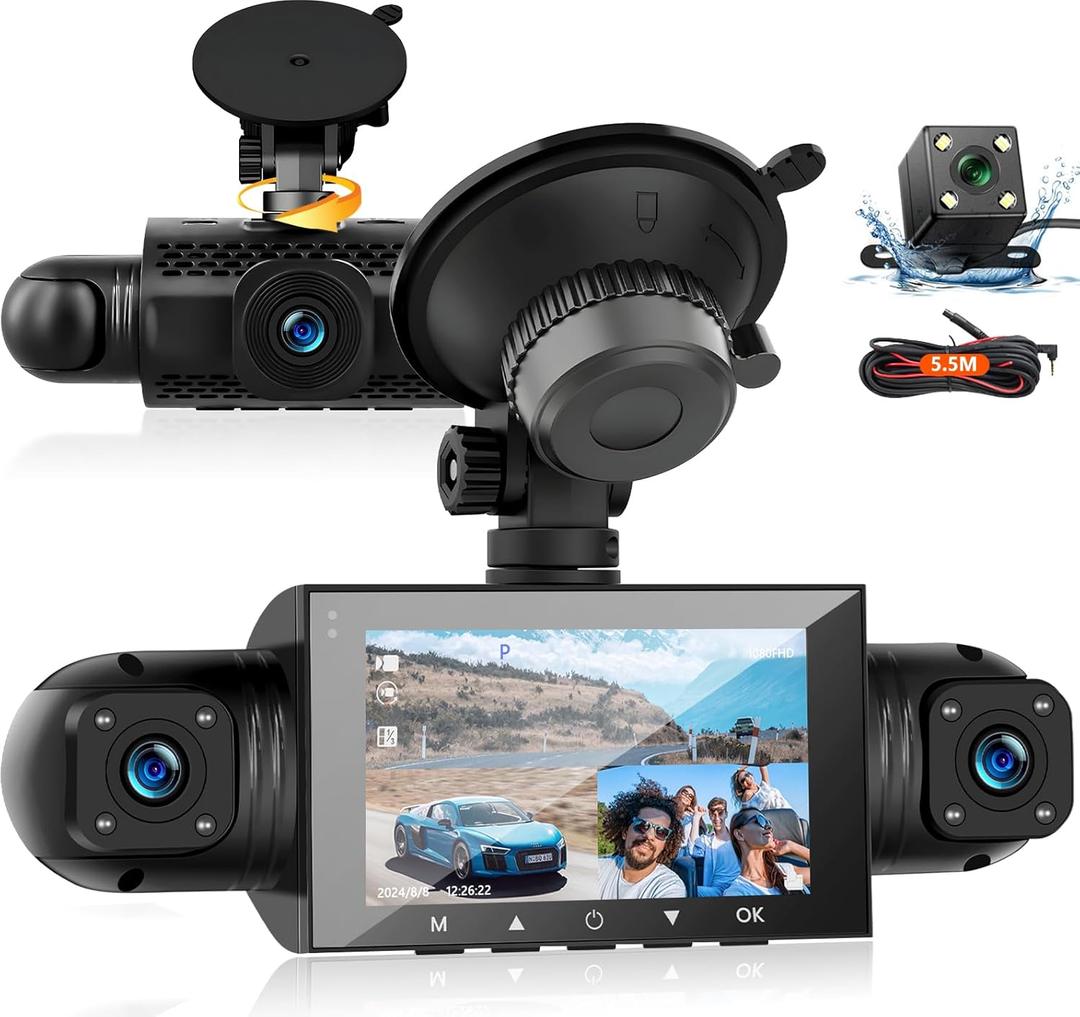 Podofo 360 Dash Cam Front and Rear Inside,4 Channel 3" IPS Touchscreen Dash Cam Front and Rear Inside Left Right,4*1080P Dash Camera with 8 IR Night Vision,Loop Recording,G-Sensor,24 Hours Recording