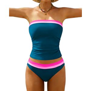 Jolefille Tankini Swimsuits for Women Two Piece Strapless Bandeau Bathing Suits Tops Full Coverage Modest Swim Suits 2026 (X-Large, Peacock Blue 2)
