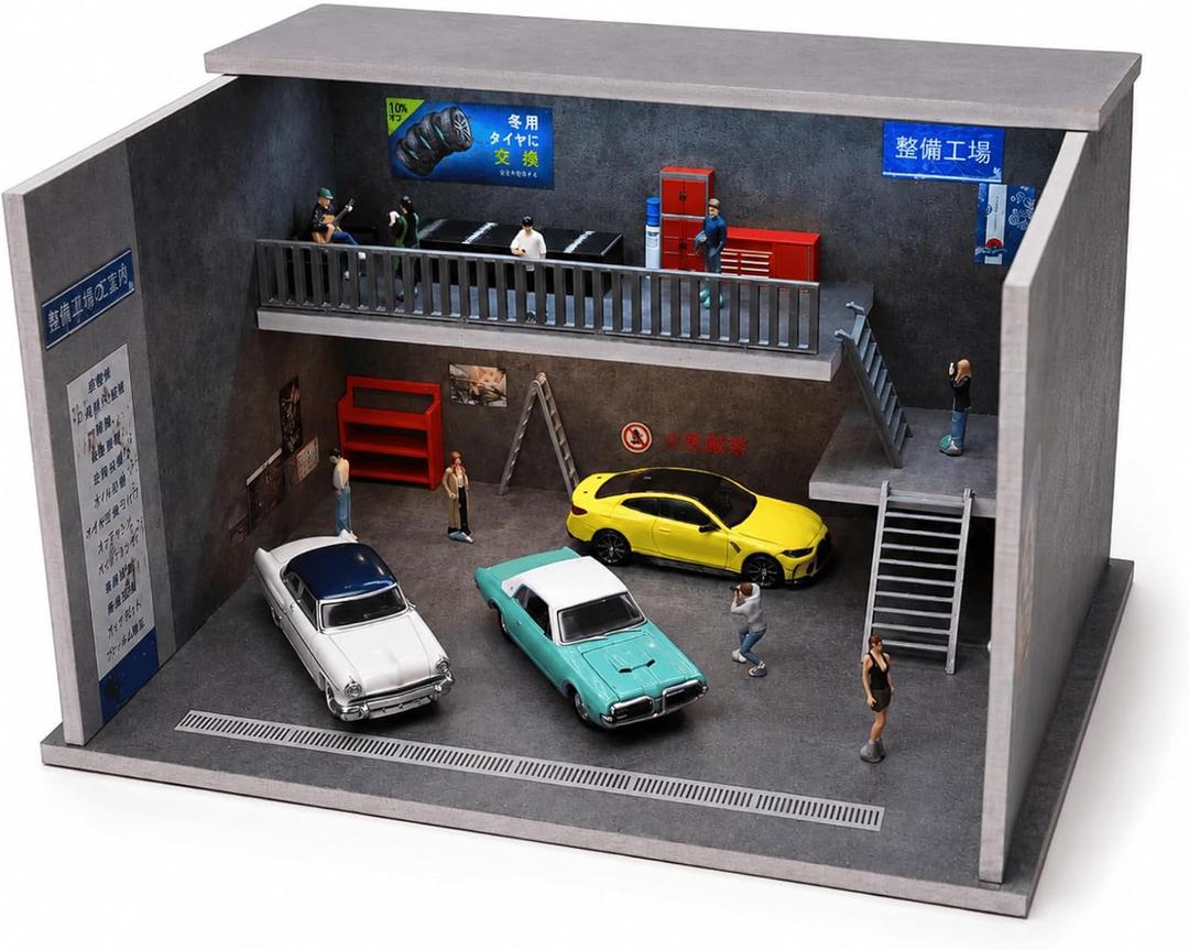 Diorama 1/64 Japanese Garage Model, 3-Color LED 2 Tier Repair Shop Display | 2 Tier Building Model Garage for Hot Wheels Diecast Cars Display,Dimmable 2 Story Workshop Scene Display Case Diorama