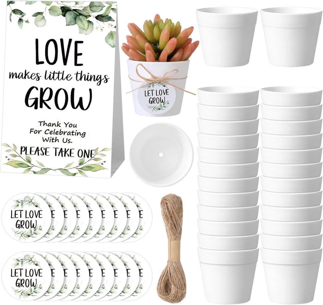 Layhit 102 Pcs Baby Shower Small Succulent Pots Wedding Party Favors Set White Mini Pot and Let Love Grow Tag Greenery Sign for Guest Favor Gifts Baby Shower Bridal Birthday Parties