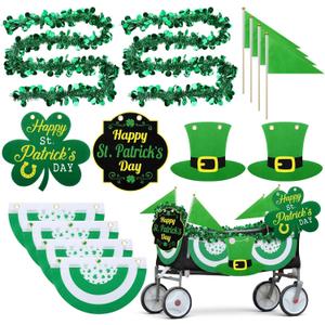 14 Pcs St Patrick Day Wagon Parade Float Decoration Kit Folding Strollers Walkers Wagon Cart Decorations Irish Green Garland Felt Hanging Cloth Fan Flag for St Patrick's Parade Party Supplies