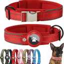 Reflective Airtag Dog Collar with Airtag Holder Quick Release Metal Buckle Padded Nylon Waterproof Adjustable Comfortable for Girl Large Dogs (LWidth 1.18" Length 16.1-18.9", Red)