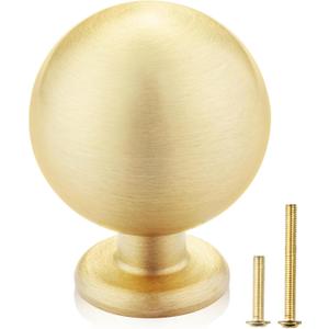 QOGRISUN 10-Pack Solid Brass Cabinet Knobs, Round Ball Gold Knobs for Dresser Drawer, 1.1-Inch Diameter, Sphere Cabinet Pulls, Brushed Brass Finish