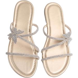 OYOANGLE Women's Butterfly Rhinestone Shiny Slide Sandals Strappy Slip on Flat Sandals Dressy Casual Sliders 39