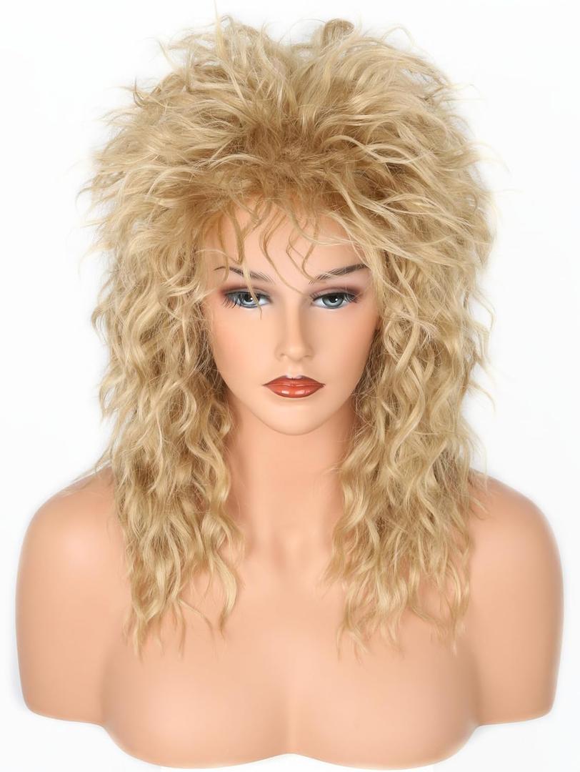 LeMarnia 80s Rock Diva Wig Blonde Brown Fluffy Big Roll Mullet Wigs for Man or Woman Halloween Party Costume Cosplay Wig