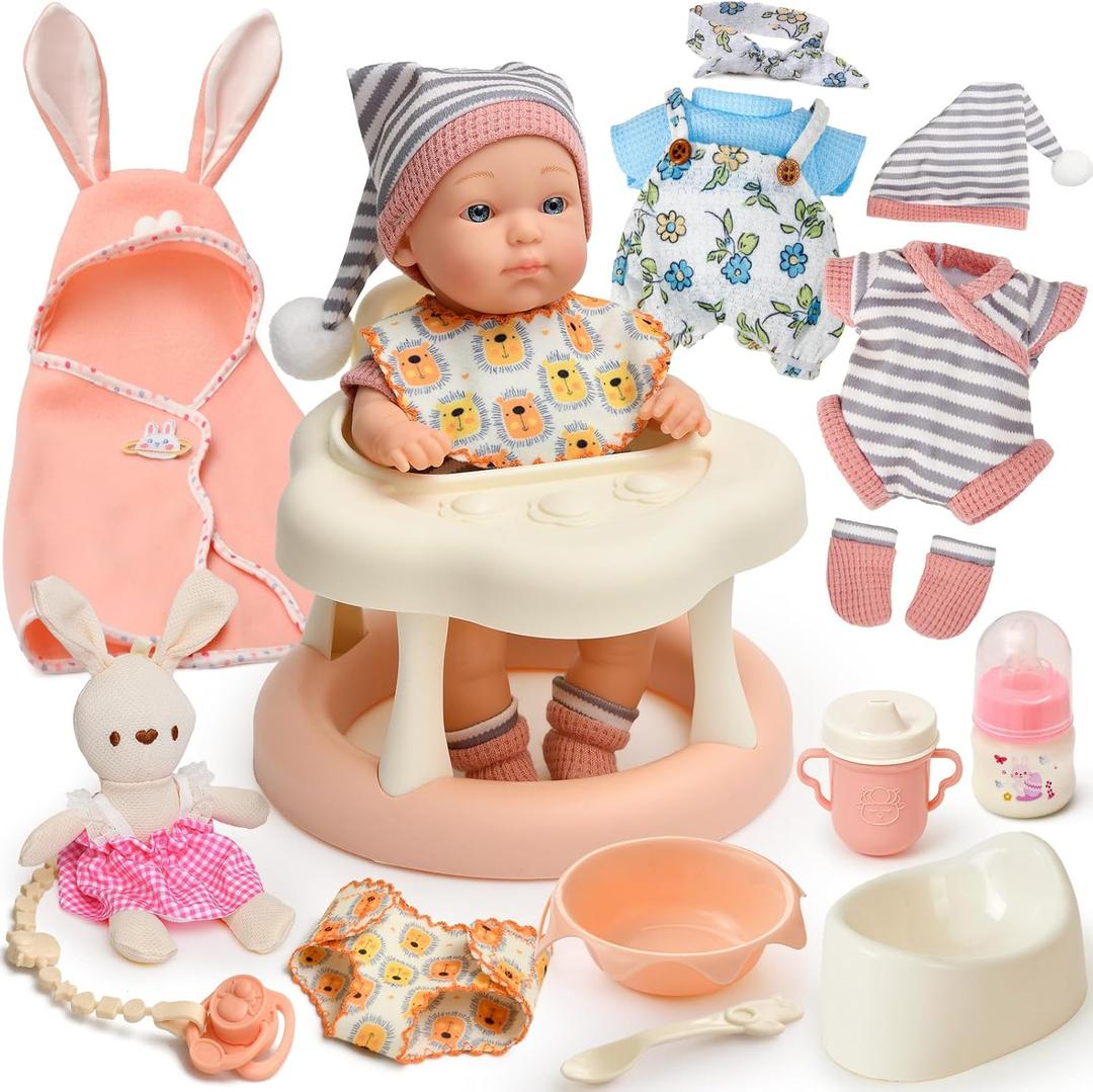 Cleboen Baby Doll Accessories Set for Girls, 9'' Baby Doll with 2 Sets Clothes Doll Walker Chair Feeding Bottle Pacifier Diaper Blanket, Realistic Pretend Play Toys Toddler Girl Birthday Gifts 3 4 5 6