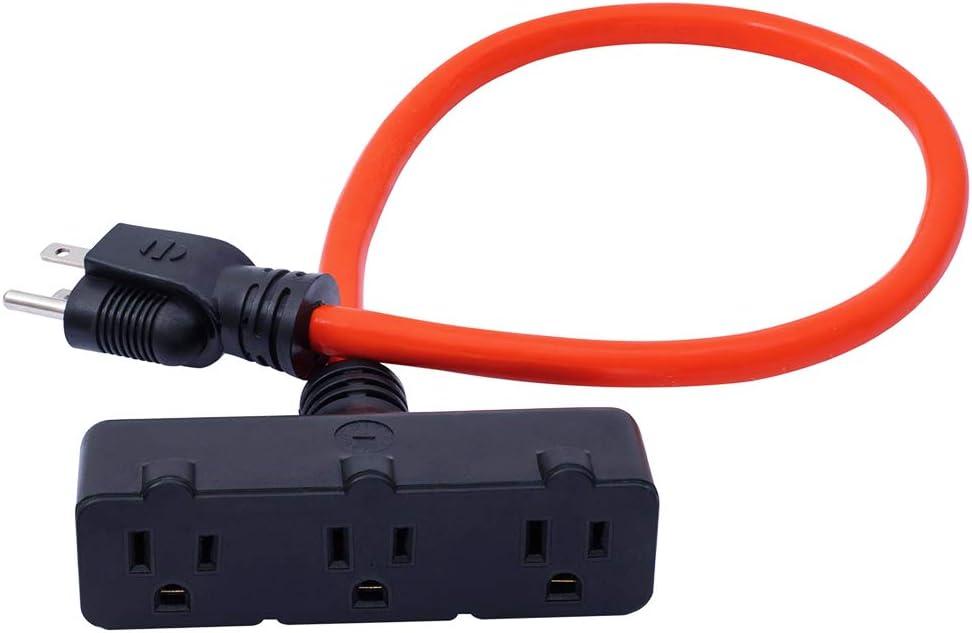 KMC 3-Outlet Power Extension Cord, 12AWG 2-Feet Extension Cord, 125V/15Amp 1875Watt, Orange