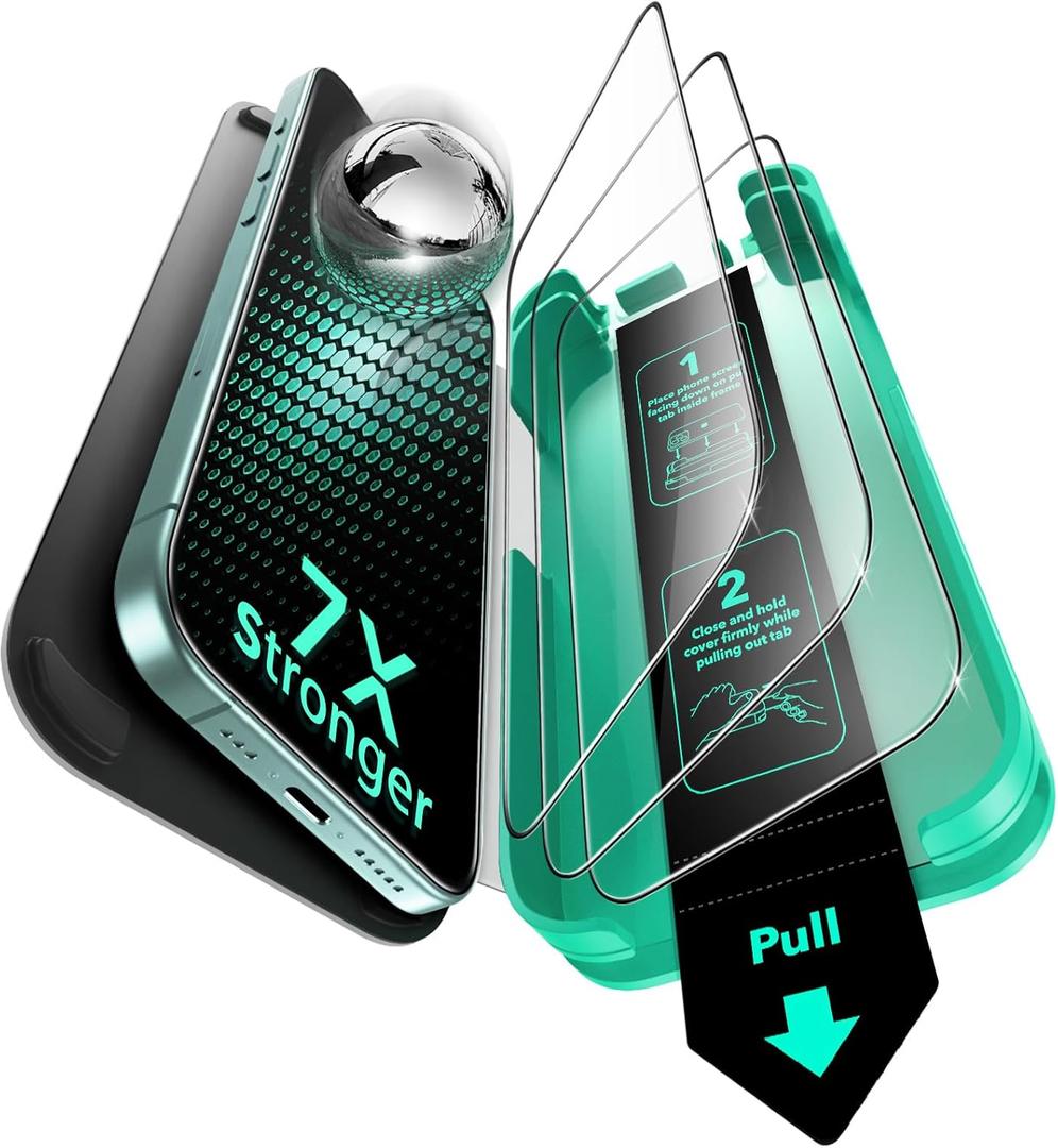 ESR 3 Pack 9H+ Glass for iPhone 16 Plus/ iPhone 15 Plus Screen Protector, [Military Grade Shatterproof & Longest Durable] Armorite Ultra-tough Full Coverage Tempered Glass with UltraFit Tray