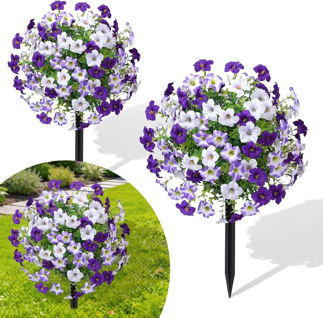 23" Artificial Boxwood Topiary Ball Trees with Petunias Flowers, Set of 2 Faux Outdoor Plants with Ground Spike for Outdoors, UV Resistant Fake Flowers for Outdoor Garden Yard Front Porch Patio Decor