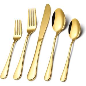 Gold Silverware Flatware Set for 8, 40 Piece Stainless Steel Cutlery Set With Titanium Golden Plated, Tableware Kitchen Utensil Include Spoons, Forks, Knives, Mirror Polished, Dishwasher Safe