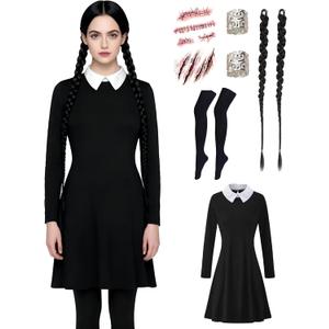 Gothic Girl Women Movie Inspired Adult Halloween Black Costume Dress Full Set (XX-Large)