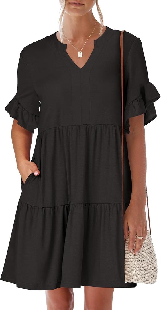 ANRABESS Womens Summer 2025 Trendy Ruffle Short Sleeve V Neck A Line Tiered Flowy Loose Casual Mini Beach Dress with Pockets