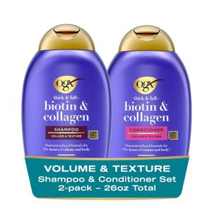OGX Thick & Full + Biotin & Collagen Volumizing Shampoo & Conditioner Set, Nutrient-Infused Conditioner with Vitamin B7 Biotin Gives Hair Volume & Body for 72+ Hours,13 fl. Oz, 2 Pack