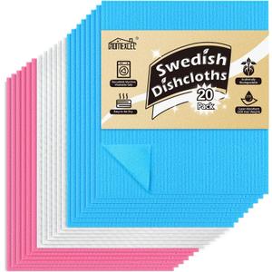 HOMEXCEL Swedish Dishcloths for Kitchen, 20 Pack Reusable Sponge Dish Cloth for Kitchen and Cleaning Counters, Super Absorbent Paper Towels (Blue/White/Pink)