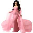 Women's Long Sleeve Off Shoulder Maternity Dress Ruched V-Neck Tulle Maxi Photography Dresses for Baby Shower Photo Shoot Elegant Fitted Mermaid Pregnancy Gown for Evening Wedding Party Pink Medium