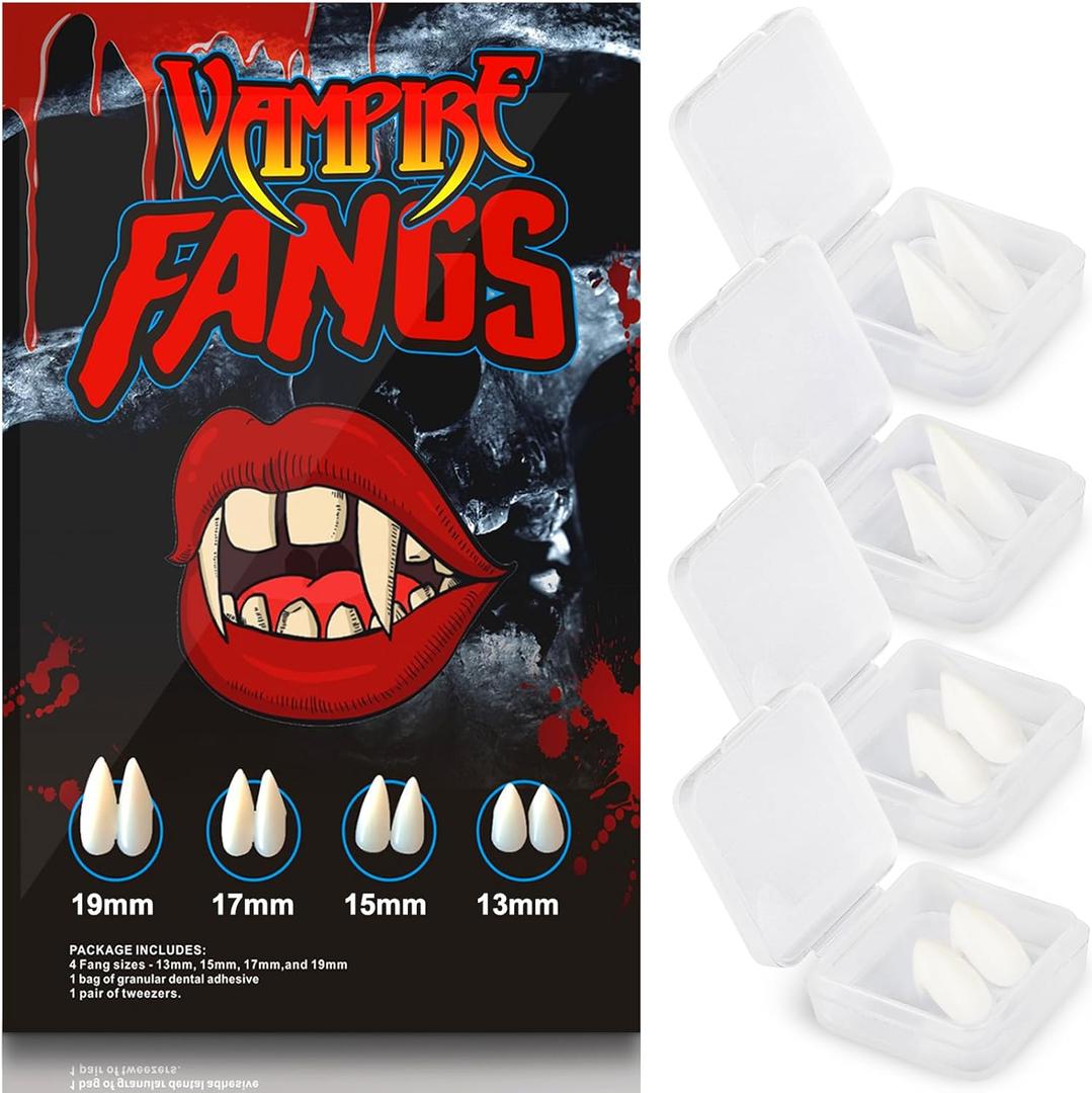 Halloween Vampire Teeth for Women/Men/Kids Fake Fangs, 4 Pairs Reusable Adhesive Party Masquerade Werewolf Devil Cosplay Makeup Kit Accessories Prop Gift 13mm+15mm+17mm+19mm-VT