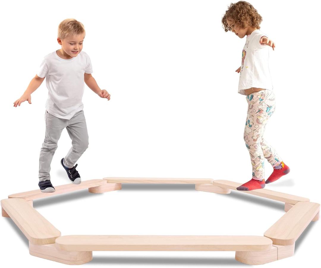 Balance Beam, Stepping Stones for Kids, Montessori Toy, Build Coordination and Gross Motor Skills for Kids and Toddler, Gymnastics Obstacle Course Indoor Outdoor Use (6pcs,Natural Color)
