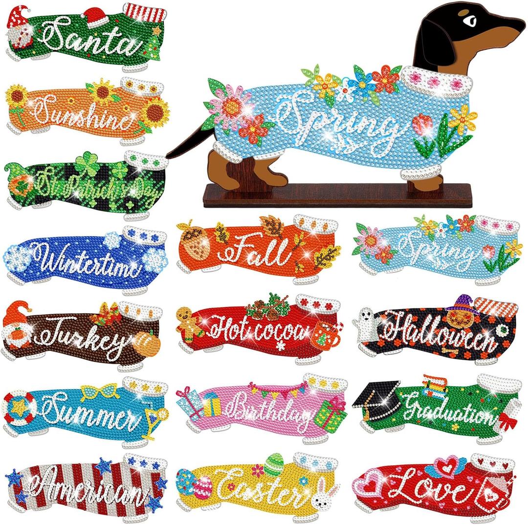 Briwooody 17 Pcs Interchangeable Seasonal Diamond Art Kits for Adults Wooden Dachshund Diamond Painting Calendar 2026 Centrepieces for Holiday Spring Easter St. Patrick's Day Table Decor Accessories