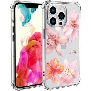 Pink Lily Flowers Phone Case for iPhone 16 PRO Pink Lily Case Cover Clear Phone Case Four Corner Reinforced Shockproof Girly Women Phone Cover Transparent Case